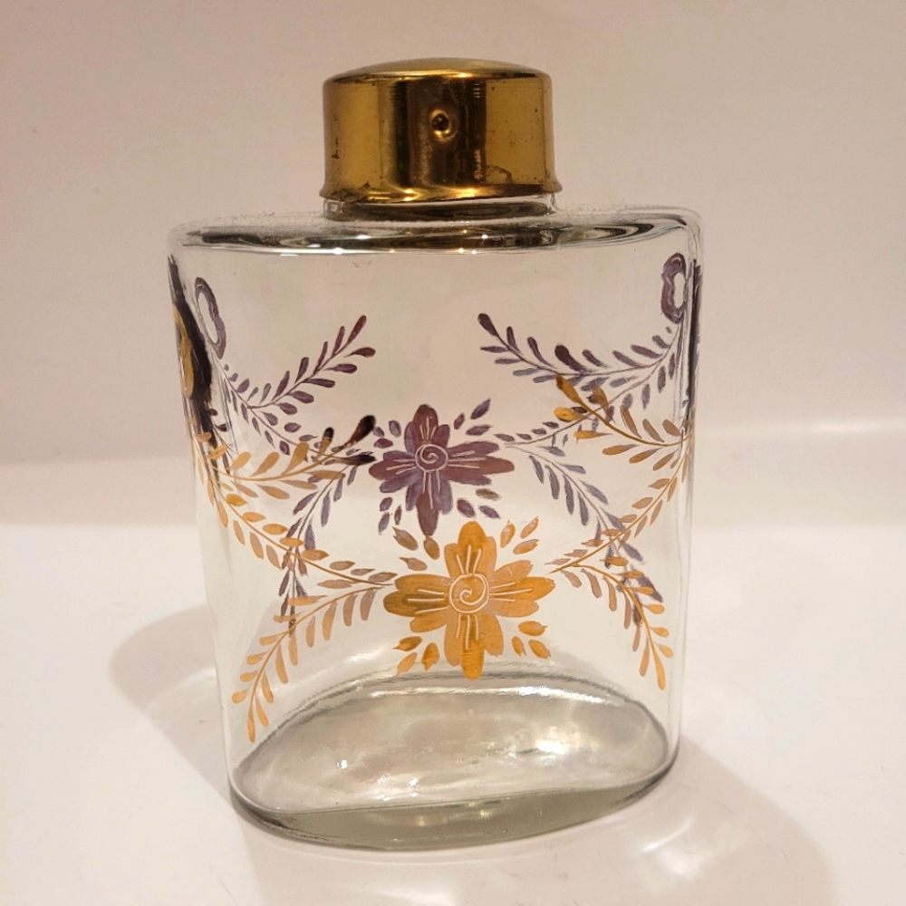 Vintage Brass Top Perfume Bottle Vanity Glass Container Gold Floral Motif
